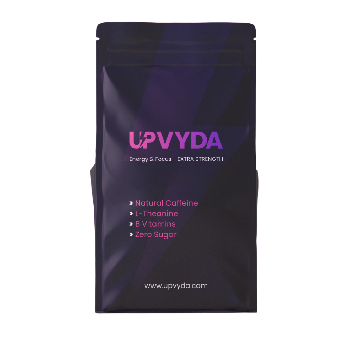 UPVYDA Energy Gum Extra Strength - Mint Flavor, 100mg Natural Caffeine, 60mg L-theanine, 82% Vitamin B6, 200% Vitamin B12, 50 Units