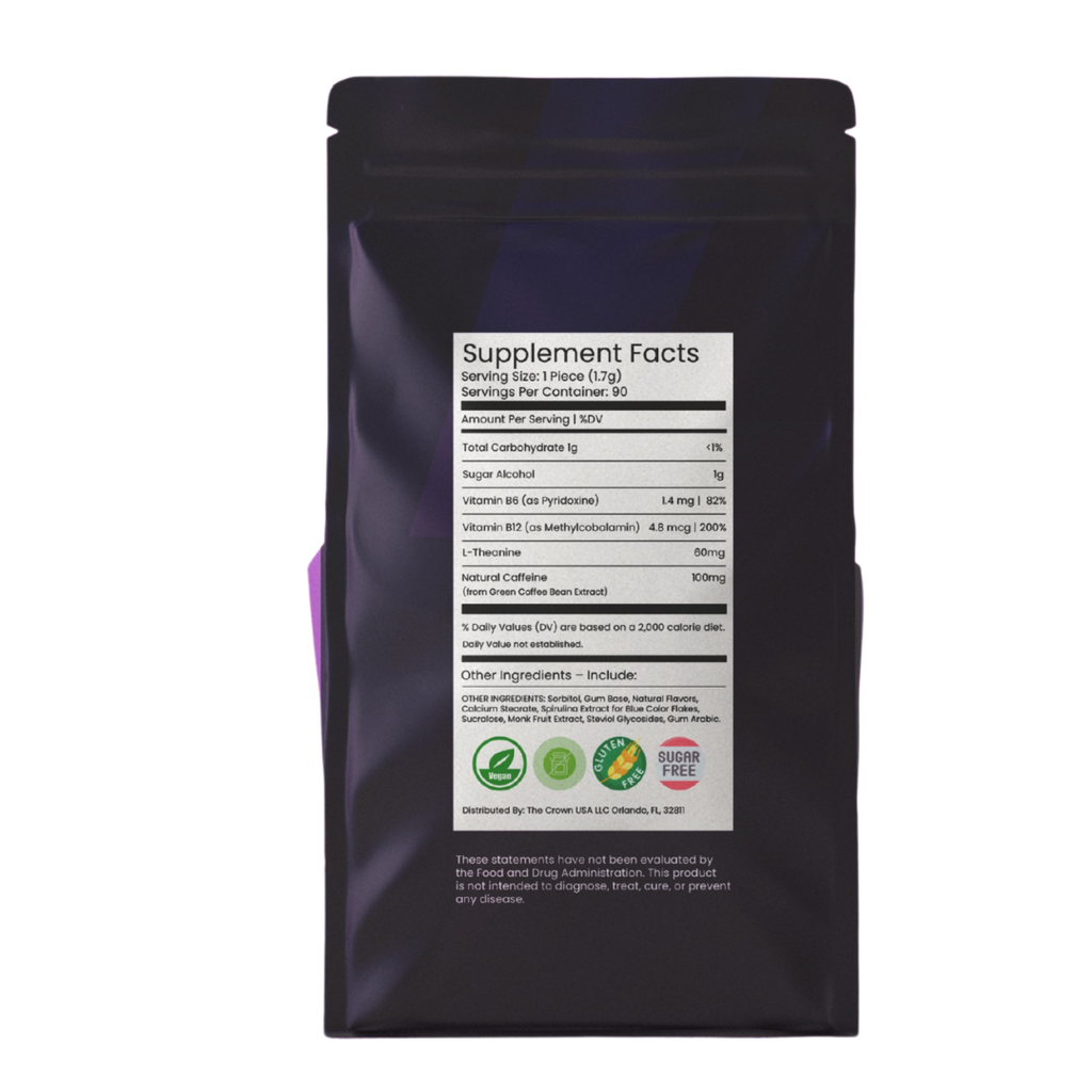 UPVYDA Energy Gum Extra Strength - Mint Flavor, 100mg Natural Caffeine, 60mg L-theanine, 82% Vitamin B6, 200% Vitamin B12, 30 Units