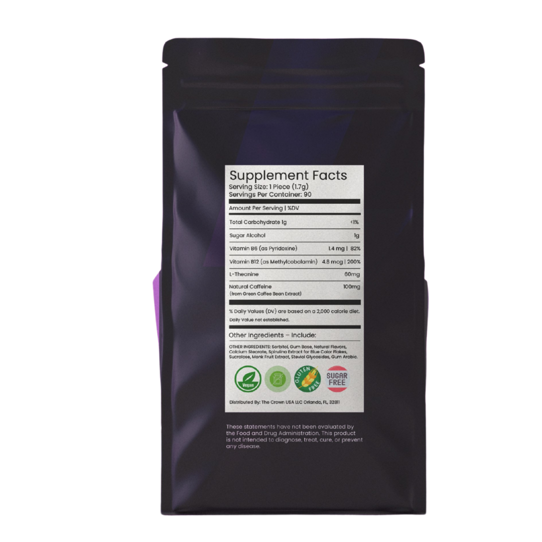 UPVYDA Energy Gum Extra Strength - Mint Flavor, 100mg Natural Caffeine, 60mg L-theanine, 82% Vitamin B6, 200% Vitamin B12, 50 Units