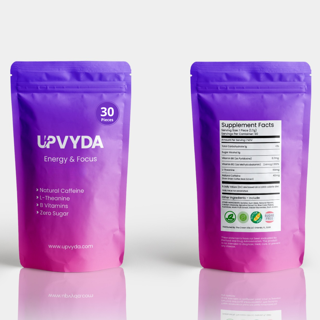 UPVYDA Energy Gum - Mint Flavor Chewable Supplement with Natural Caffeine, L-theanine, Vitamin B6 & B12 for Focus & Vitality, 30 units