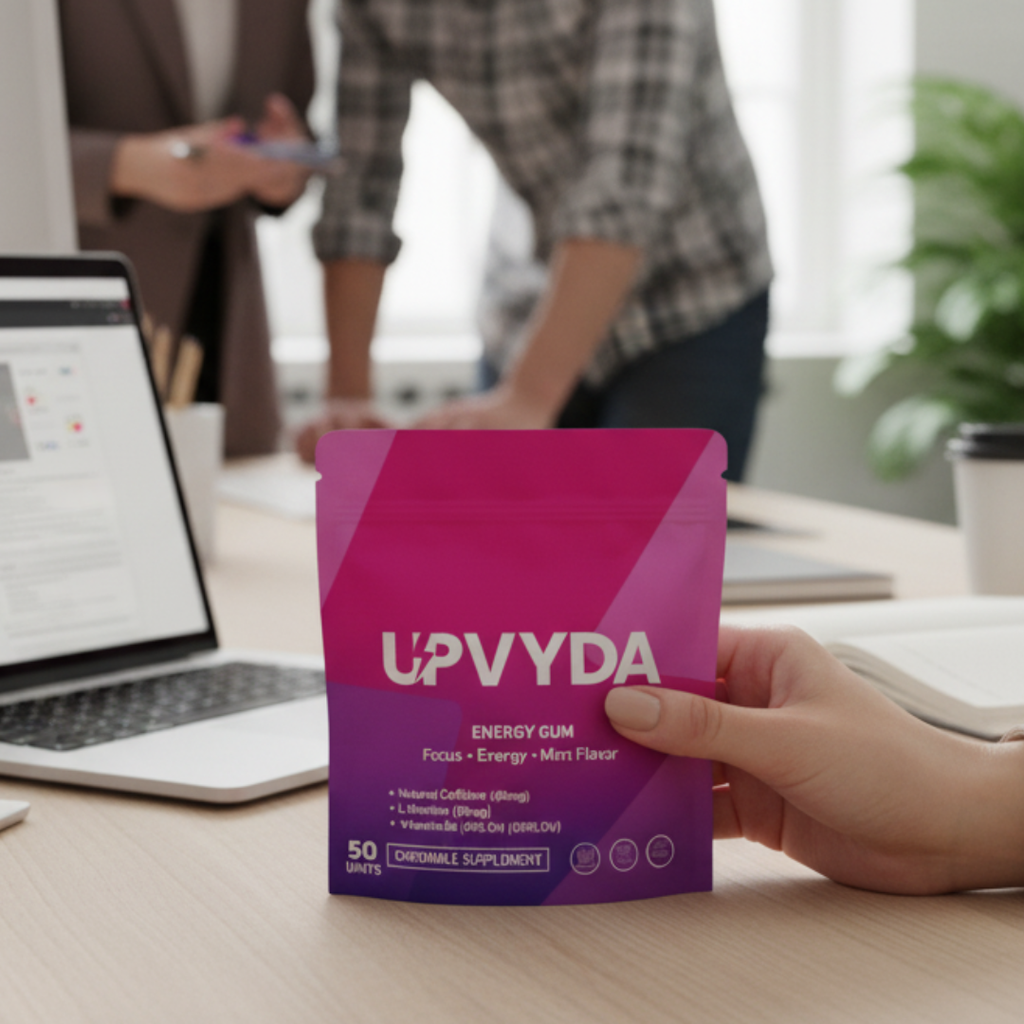 UPVYDA Energy Gum - Mint Flavor, 40mg Natural Caffeine, 60mg L-theanine, 41% Vitamin B6, 100% Vitamin B12, 50 Units