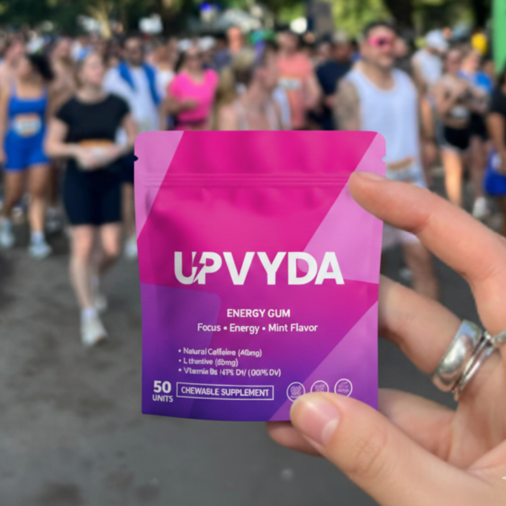 UPVYDA Energy Gum - Mint Flavor, 40mg Natural Caffeine, 60mg L-theanine, 41% Vitamin B6, 100% Vitamin B12, 50 Units