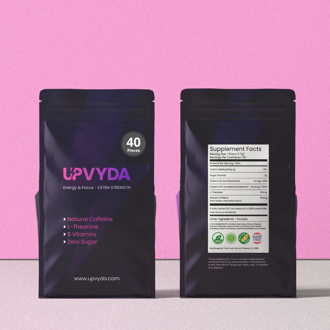 UPVYDA Energy Gum Extra Strength - Mint Flavor, 100mg Natural Caffeine, 60mg L-theanine, 82% Vitamin B6, 200% Vitamin B12, 40 Units